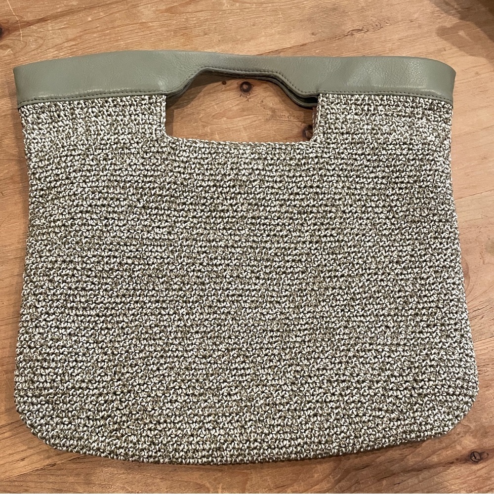 The Sak Womens Sage Green Leather Handles woven textured Handbag purse EUC